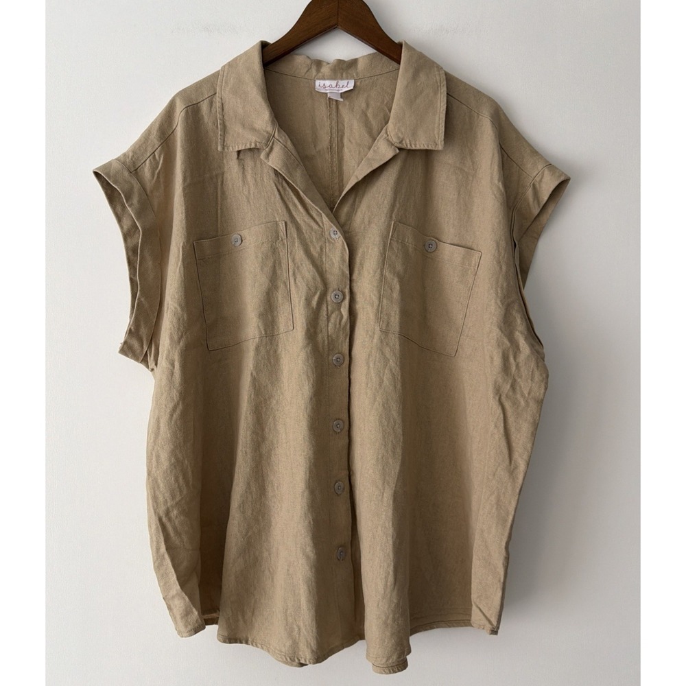 Isabel‎ Maternity by Ingrid & Isabel Button Down Blouse Top XXL Tan Linen Blend